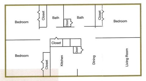 A diagram of a house layout with bedrooms, a kitchen, a dining room, and a living room.